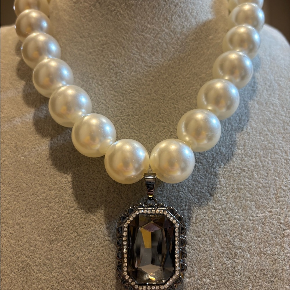 Handmade faux chunky Pearl Necklace with beautiful gunmetal and crystal Pendant